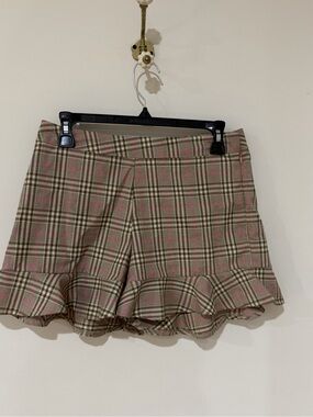 Plaid Ruffle Hem Shorts - Brown & Pink